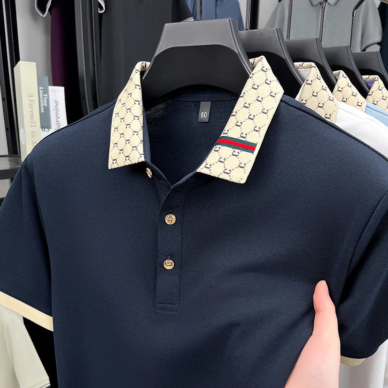 2025 Men's New Luxury High-end Jacquard Collar Lapel T-shirt Breathable Business Casual Top Suitable for Men's Spring and Summer