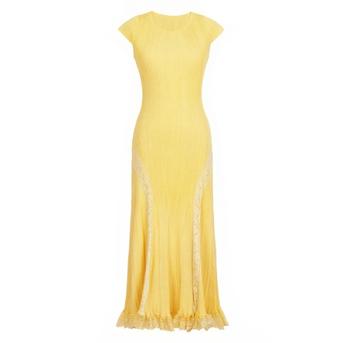 High Quality Summer New Fashionable Elastic Knitted Solid Color Short Sleeved Dress With Lace Edge Slimming Women's Dress