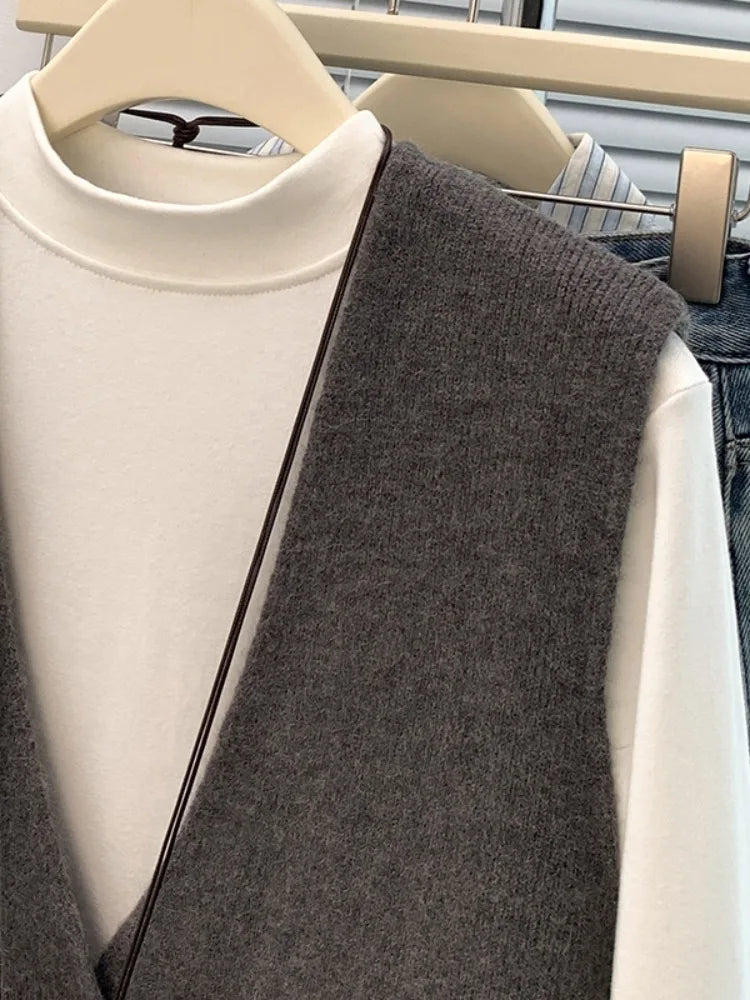 Fashionable Short Knitted V-Neck Vest Women's Autumn Winter Outerwear Sweater Cardigan Shoulder Pad Layering Vest
