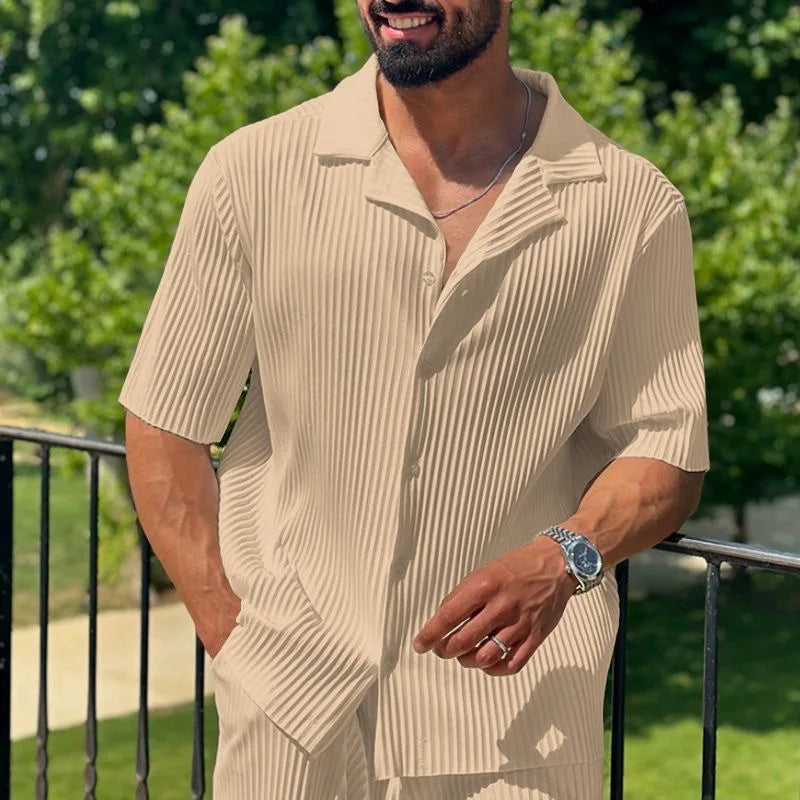 New Men's Commuter Set, Casual Button-Up Short Sleeve Shirt & Long Pants, Trendy Two-Piece Outfit for Men