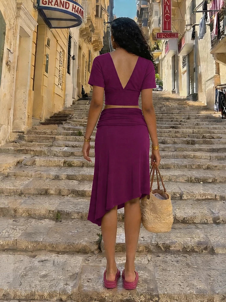 Nibber Daily 2 Piece Set Woman V-Neck Backless Short Sleeve Crop Tops+A-Line Low Waist Mid Skirts Ruched Elegant Casual Suits