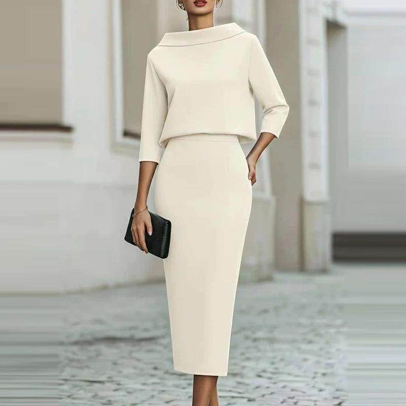 Fashion O-neck Long Sleeve Tops Skirts Matching Sets Elegant Solid Slim Half Skirts Sets Temperament Simple Wrap Hips Skirts Set