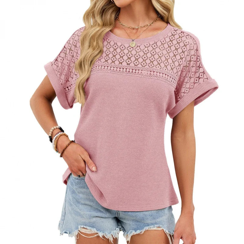 2026 Summer Elegant Lace Hollow Out Waffle Knit T Shirt Crew Neck Short Sleeve Summer Smart Casual Tops Office Lady