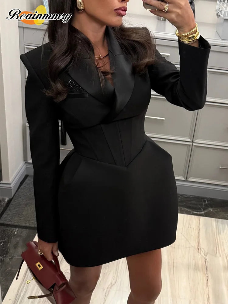 Elegant Black Women Dresses Chic V-neck Cinched Waist Shoulder Pads Dress 2025 Full Sleeve Mini Party Ladies Chic Street Gowns