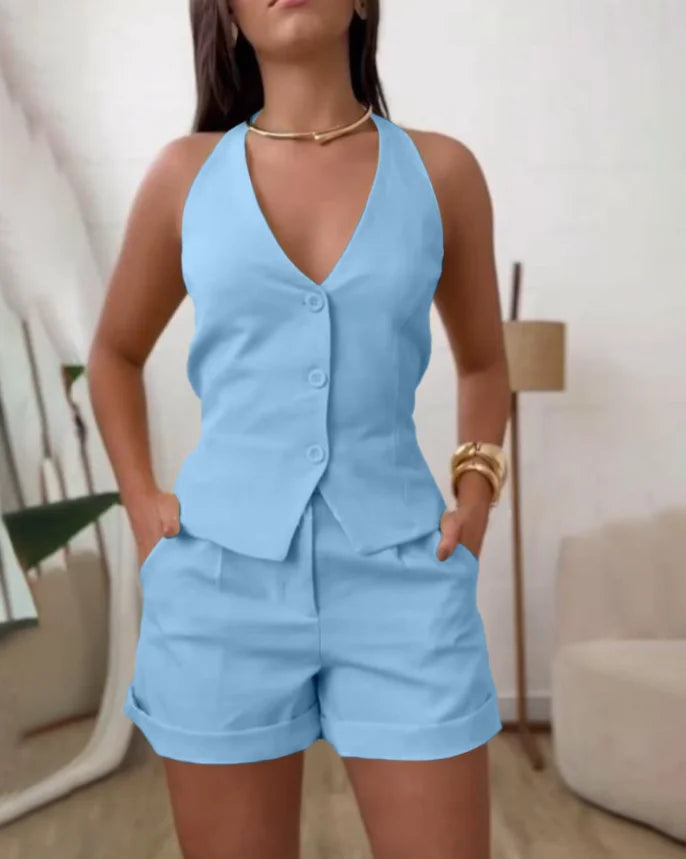 Two Piece Set Women Outfit 2025 Spring New V-Neck Button Front Sleeveless Backless Tank & Casual Pocket High Waist Shorts Set