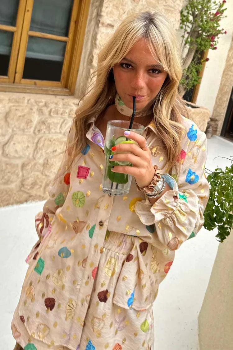 Fashion Printed 2 Piece Set Loose Lapel Long Sleeve