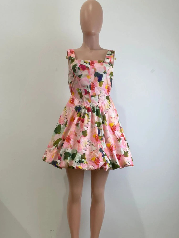 Beyprern Stylish U Neck Floral Bubble Hem Mini Dress Summer Sundress Chic Women's Sleeveless Flower Short Dress Vacation Outfits