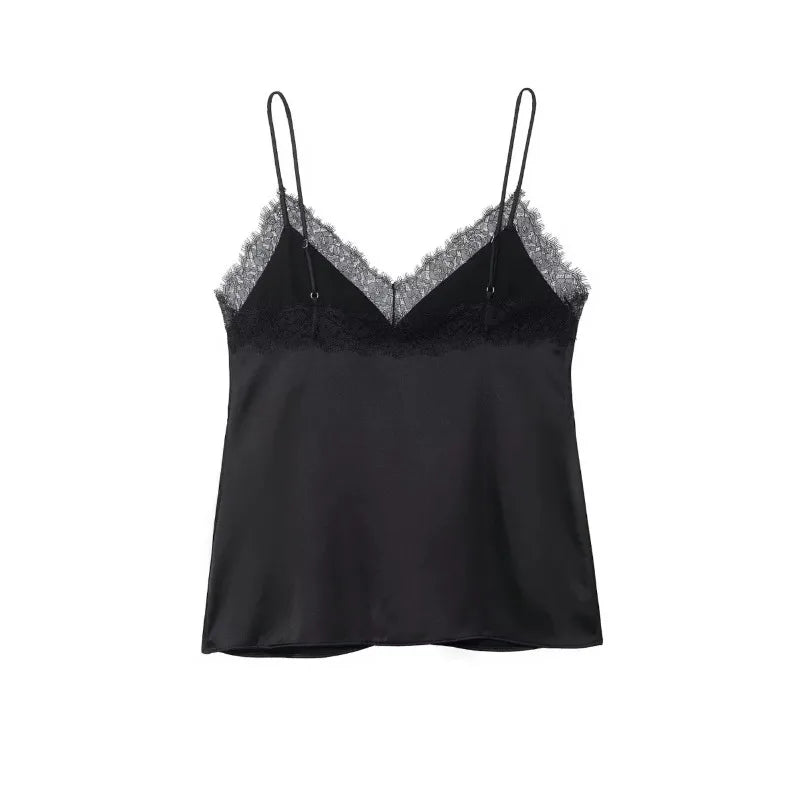 Women's Summer New Solid Sexy Lace Satin Sling Tops Female Sleeveless Backless Tank Top Lady Fashion Holiday Party Short Camisol