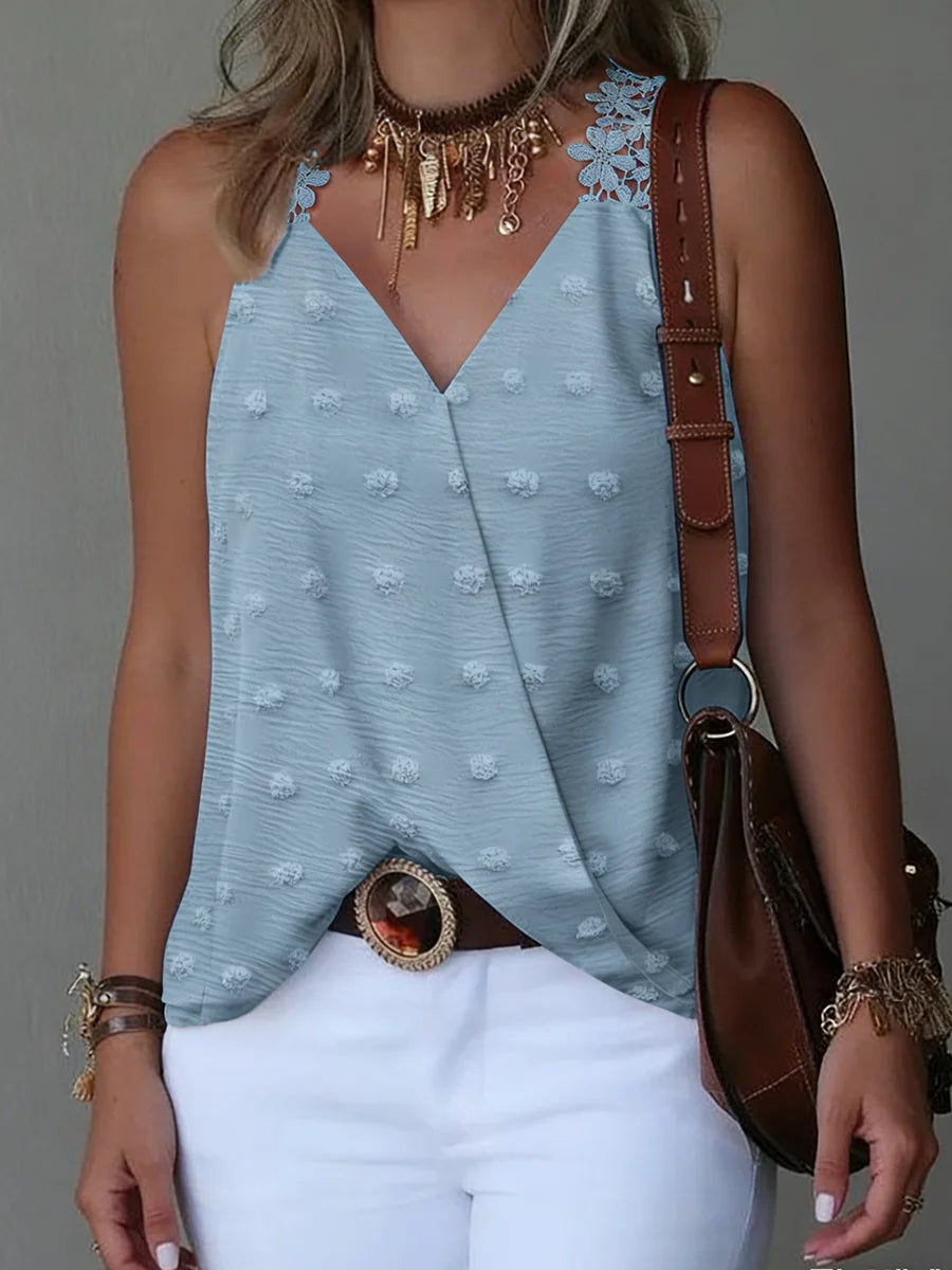 Women's V Neck Swiss Dot Tank Top Lace Trim Loose Top Casual Tank Top Spring Summer Chic Tank Top Daily Lightweight Top