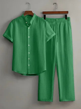 Men's Summer White Suit Outdoor Travel Suit Solid Color Vertical Strip Lapel Short-sleeved Shirt Drawstring Pants Two-piece Set
