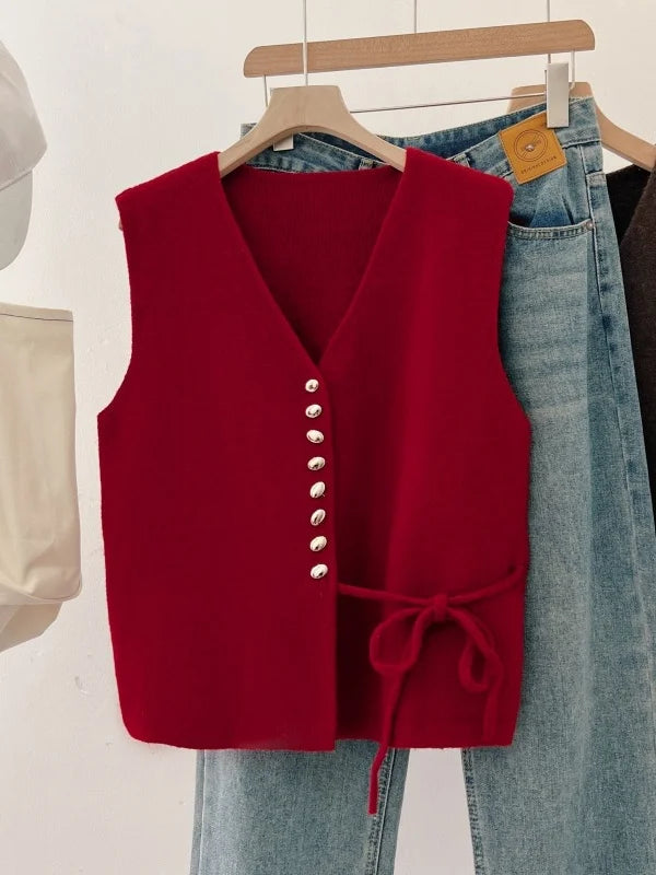 V-Neck Knitted Open Cardigan Vest Women's Outerwear Spring Autumn plus Size Slimming High-End Feelings Belted Short Top