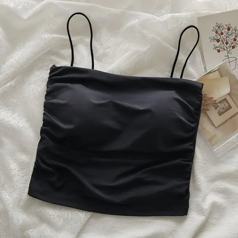 Sexy Crop Tops Women Summer Shirring Sleeveless Slim Camis Tops Bodycon with Chest Pad Fashion Casual Tops Female