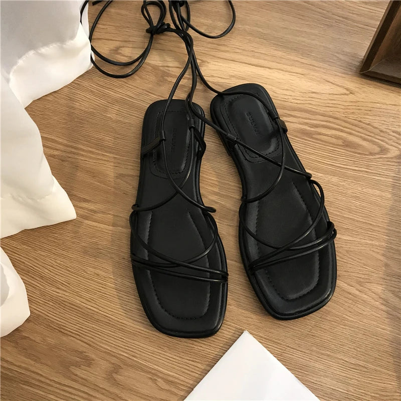 2026 New Women's Summer Fashion Flat Open-Toe Cross Lace-up Sandals Casual Elegant Dress Lace-up Beach Roman Style Sandals