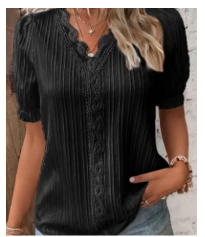 Top Solid Sexy V-Neck Hollow Short Sleeve Shirt Fashion Splice
