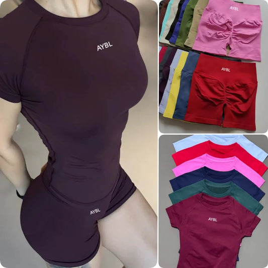 2 Pieces Sports Sets Short Sleeve Sculpt T Shirt Seamless Yoga Top Fitness Set Women