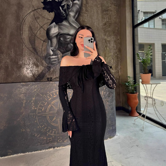 Women's Elegant Lace Bodycon Evening Gown 2026 Spring Summer Black Knitted Dress High-End Off Shoulder Long Sleeve A Line Skirt