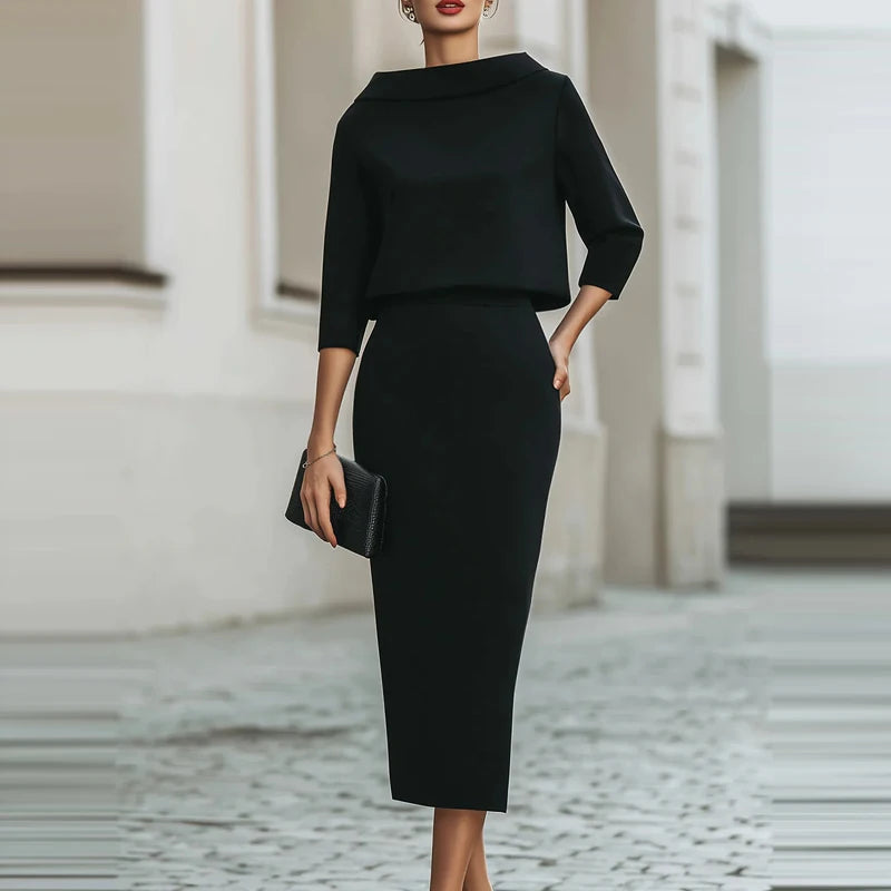 Fashion O-neck Long Sleeve Tops Skirts Matching Sets Elegant Solid Slim Half Skirts Sets Temperament Simple Wrap Hips Skirts Set