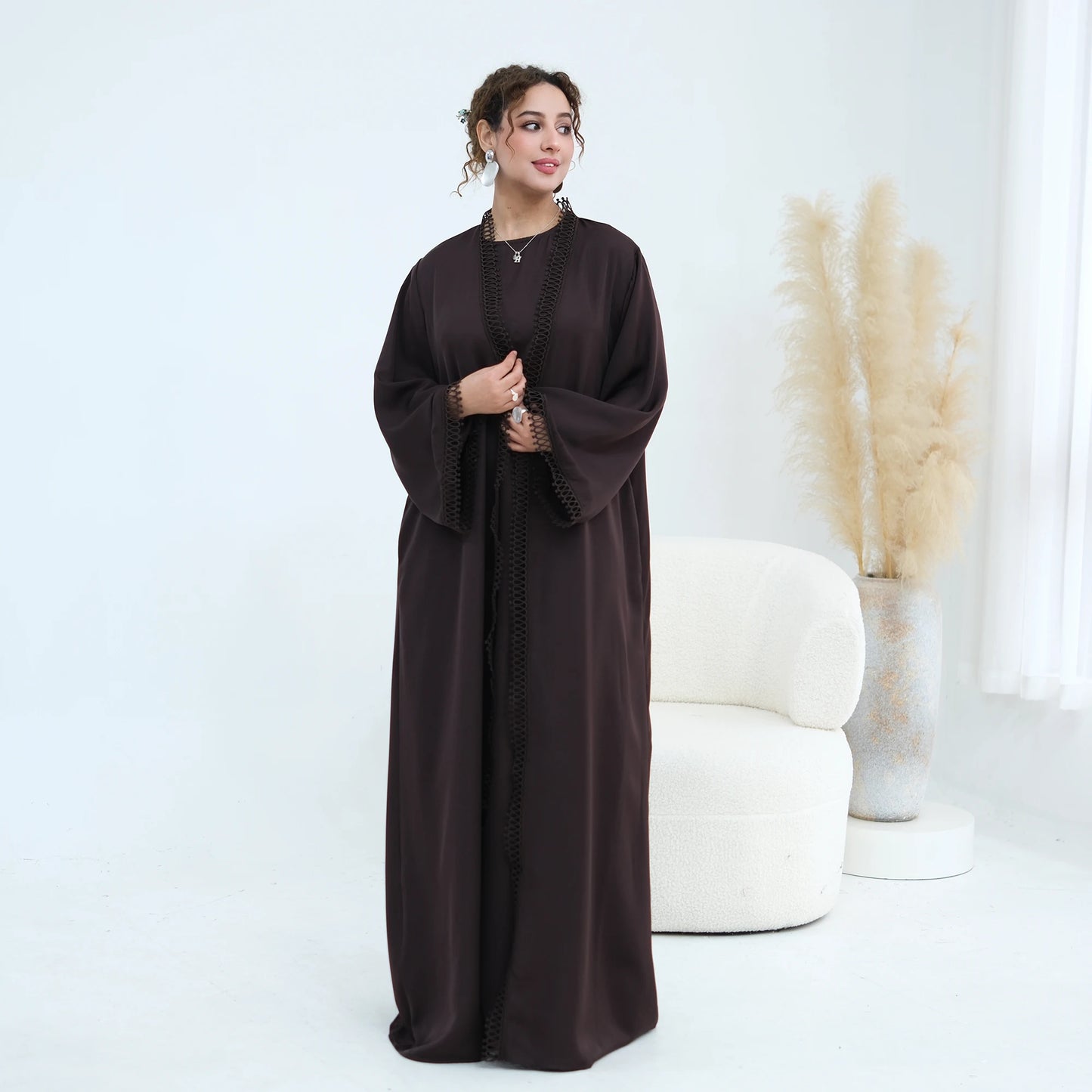 Women Abaya Set for Eid Party Events Resort Wear-Loop Lace Trim Kimono Robe&Sleeveless Dress