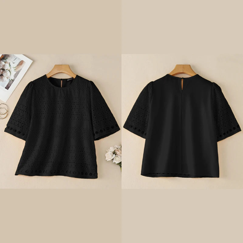 ZANZEA Summer Openwork Embroidered Woman Blouses O-Neck Half Sleeve Patchwork Pullover Tops Bohemian Casual Blusas de Mujer