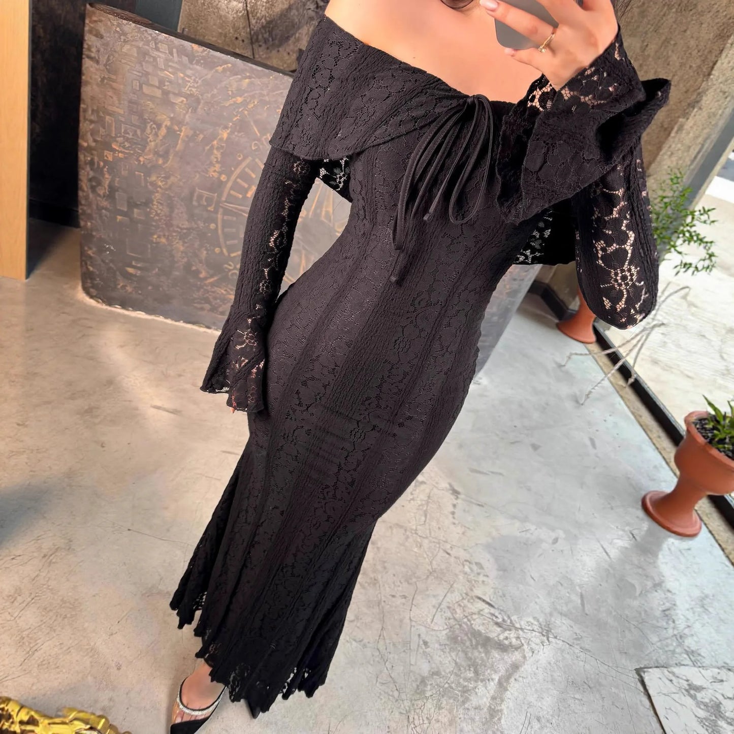 Women's Elegant Lace Bodycon Evening Gown 2026 Spring Summer Black Knitted Dress High-End Off Shoulder Long Sleeve A Line Skirt