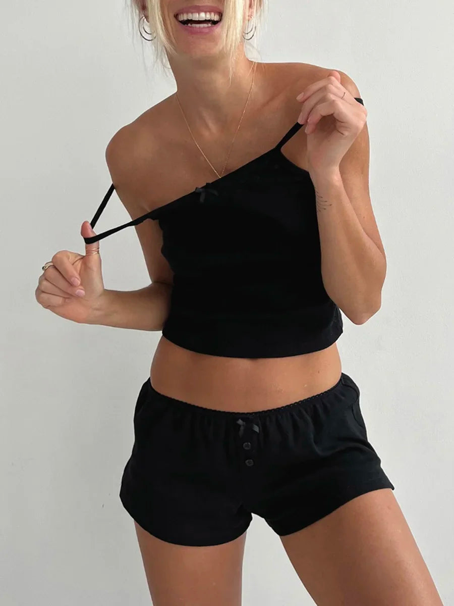 Outfit Lace Trim Sleeveless Crop Cami Top and Shorts Summer