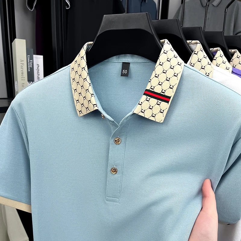 2025 Men's New Luxury High-end Jacquard Collar Lapel T-shirt Breathable Business Casual Top Suitable for Men's Spring and Summer