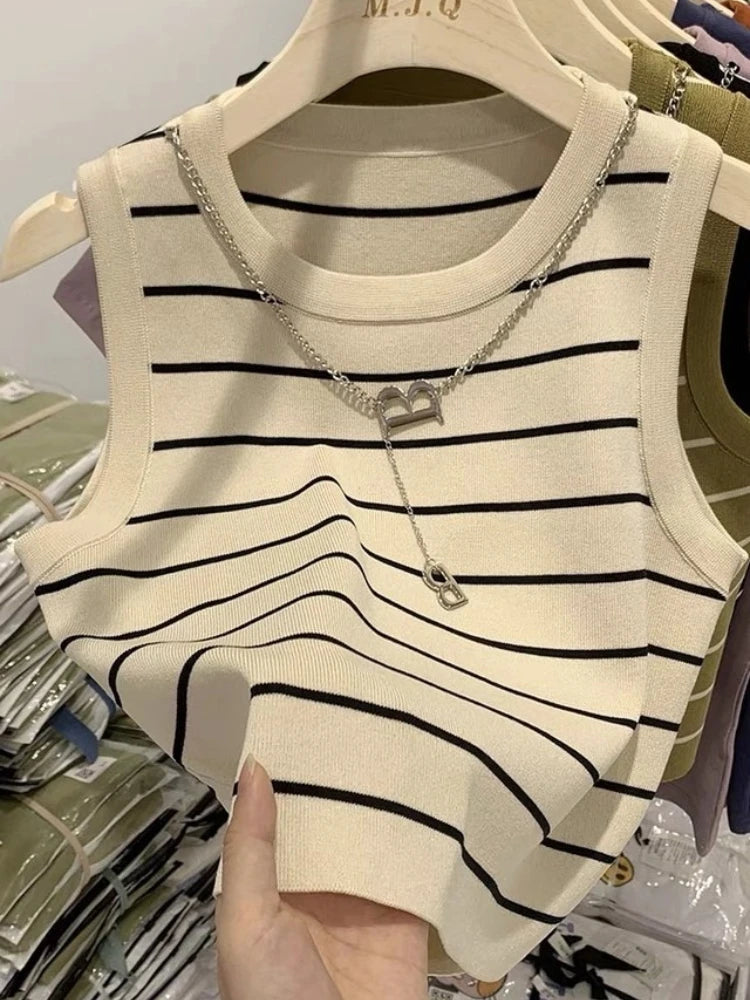 Sleeveless Knitted Striped Crop Tops 2026 Spring Summer Women Tank Tops Female Elastic Slim Casual Vests Color Blocking Camis