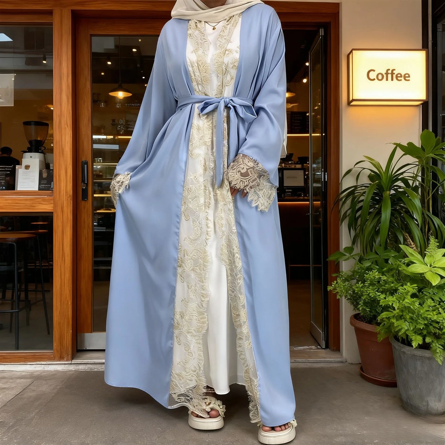 Abaya Headscarf 2 Piece Set Lace-up Cadigan Dubai