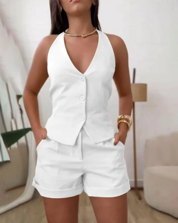 Two Piece Set Women Outfit 2025 Spring New V-Neck Button Front Sleeveless Backless Tank & Casual Pocket High Waist Shorts Set