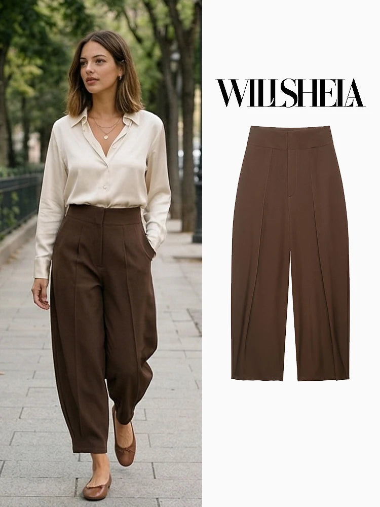 Willshela Women Fashion Solid Front Zipper Pleated Wide Leg Pants Vintage High Waist Full Length Female Chic Lady Trousers