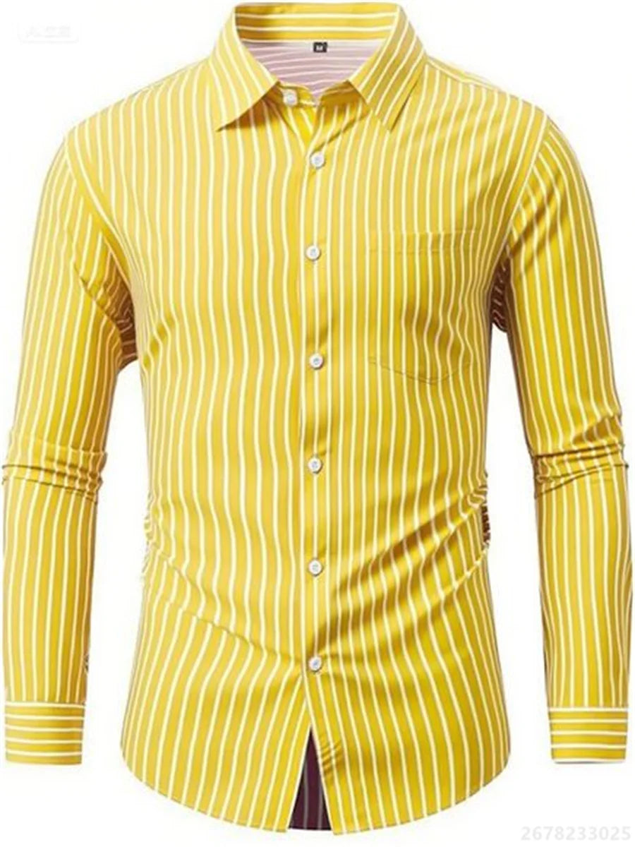Men's shirts, long-sleeved lapel business formal button-down shirts, men's striped shirts, high-quality men's tops XS-6XL
