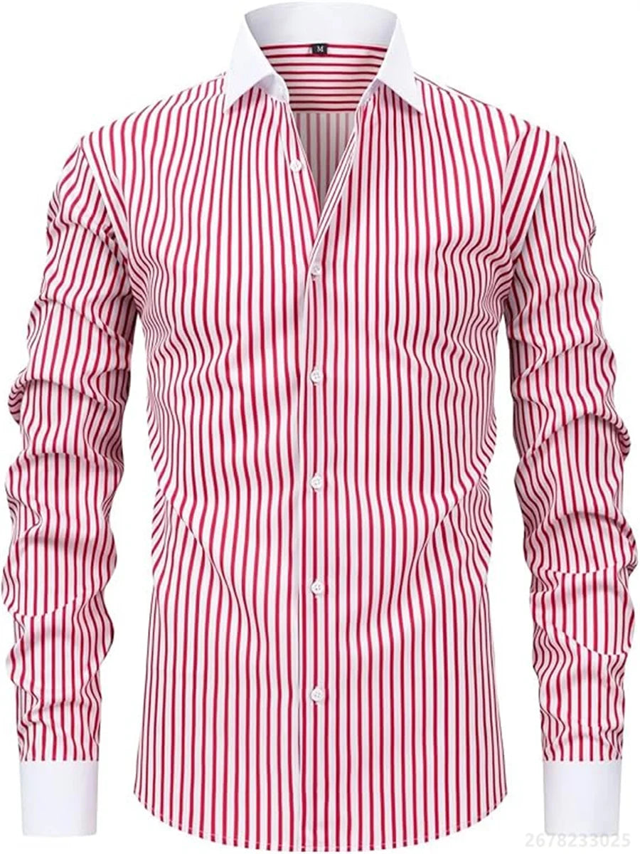 Men's shirts, long-sleeved lapel business formal button-down shirts, men's striped shirts, high-quality men's tops XS-6XL
