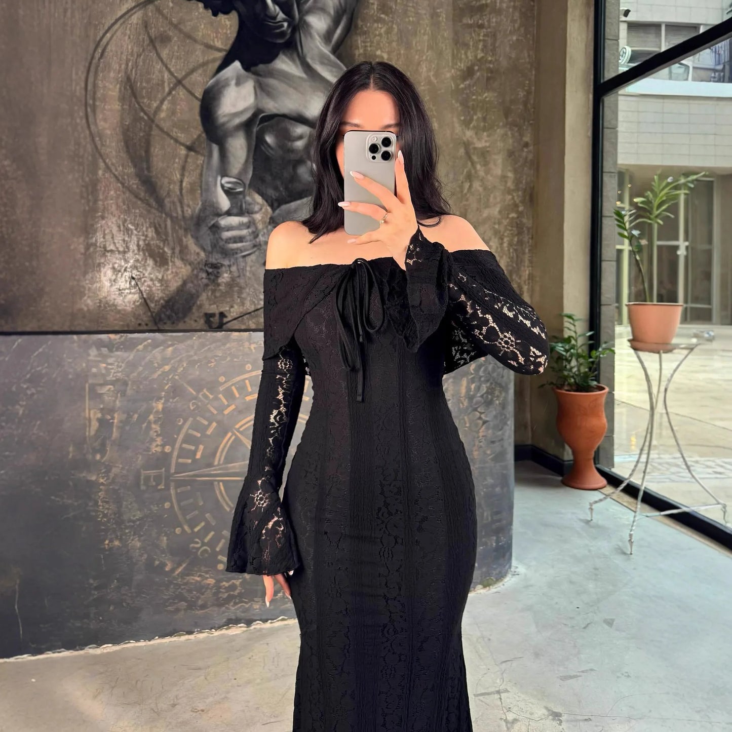 Women's Elegant Lace Bodycon Evening Gown 2026 Spring Summer Black Knitted Dress High-End Off Shoulder Long Sleeve A Line Skirt