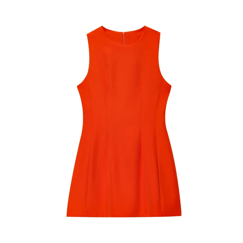 ETJ2025 summer new  women's ZW series elegant simple classic puffy round neck sleeveless waist short dress