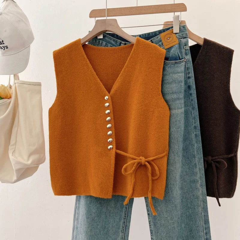 Elegant Pumpkin Orange Knitted Vest Women's Early Spring New Style plus Size Waist-Cinching Layering Vest V-neck Design