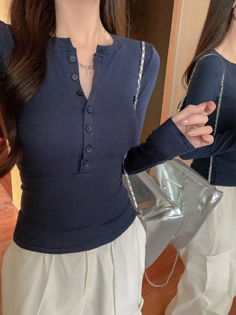 Women's Slim Fit Y2K Long Sleeve T-Shirt Solid Color Stretch Base Layer Top Woman 2026 Spring Autumn Button Knitted Ribbed Tee