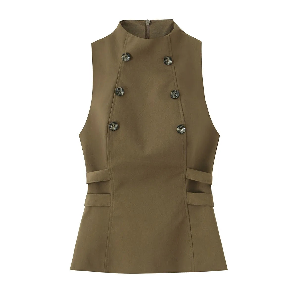 Women Top New Fashion Sleeveless O-Neck Waist-Cinching Lotus Leaf Hem Double-Breasted Top Women Sexy Elegant Vest