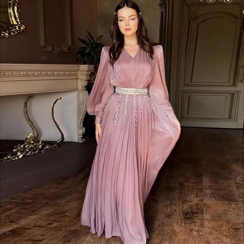 Abaya Beading Sash Eid V-neck Party Vestidos