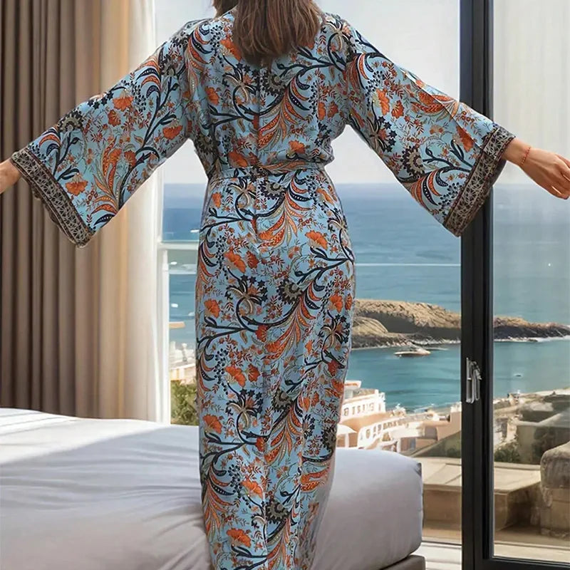European and American Retro Fashion Printed Bohemian Plus-Size Long Easter One-Piece Cover-Up Summer Beach Vacation Swimsuit Outerwear Kimono Cardigan Robe Sun Protection Clothing Trendy
