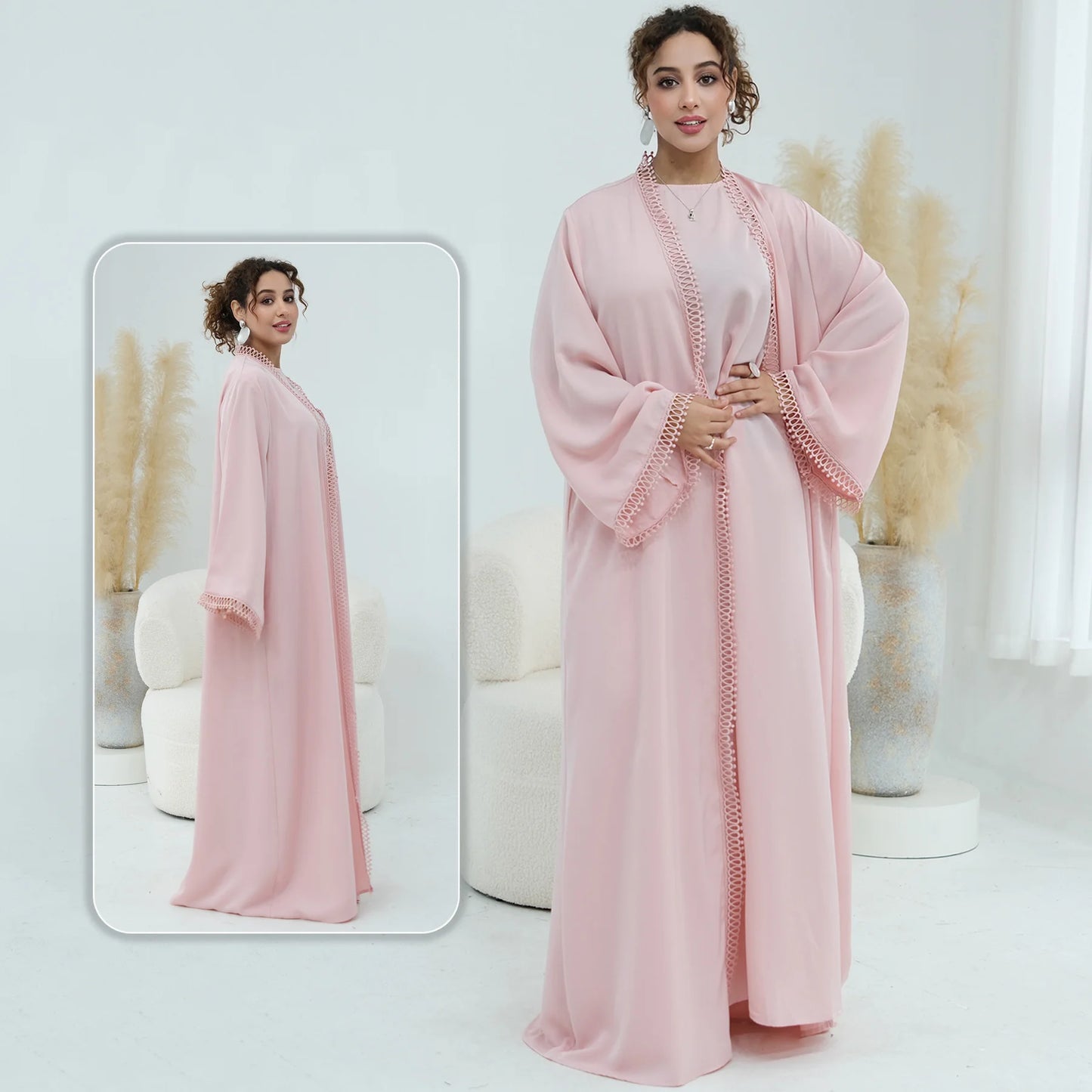 Women Abaya Set for Eid Party Events Resort Wear-Loop Lace Trim Kimono Robe&Sleeveless Dress
