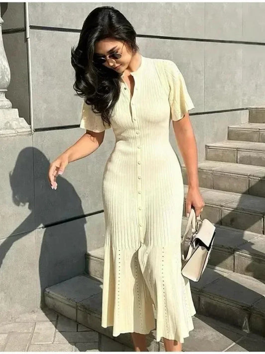 Knitted Dress Women Casual O Neck Solid Short