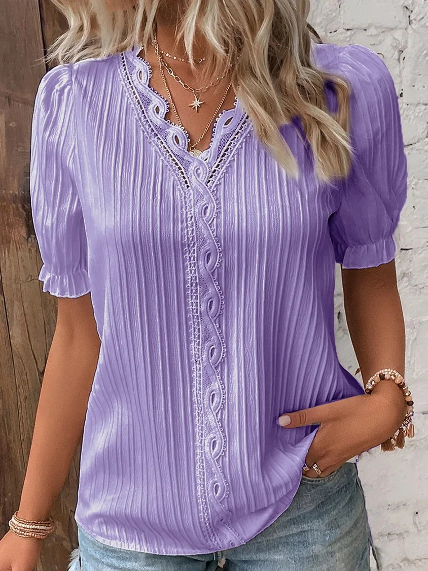 Top Solid Sexy V-Neck Hollow Short Sleeve Shirt Fashion Splice