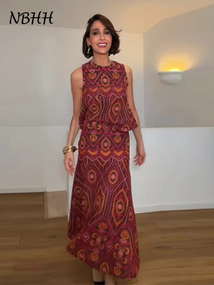 Fashion Hollow Out Embroidery Skirts Sets Women O-neck Sleeveless Top Long A-line Skirt 2026 Summer Holiday Elegant Lady Suits