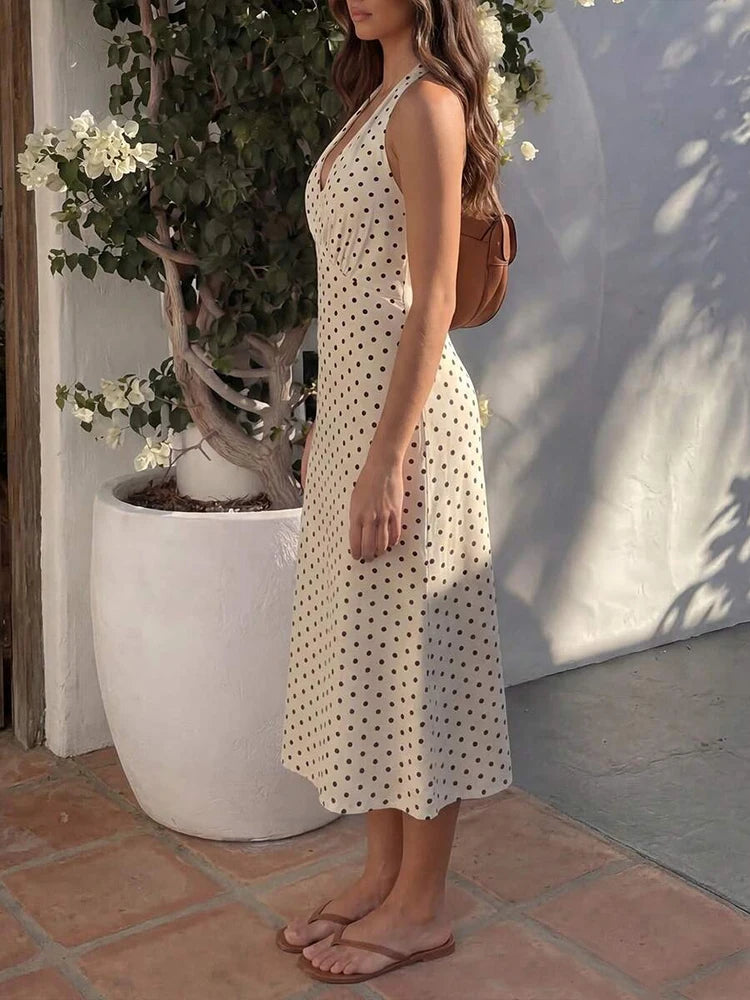 Summer New Women Polka Dot Hanging Neck Long Dresses Strapless Sexy Lace-up Sleeveless Backless Fashion Club Party Elegant Dress