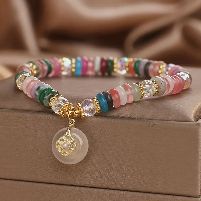 Natural Stone Color Beaded Crystal Bracelet Women's 2026 New Entry Luxury Niche High-end Sense Safe Buckle Pendant Hand String