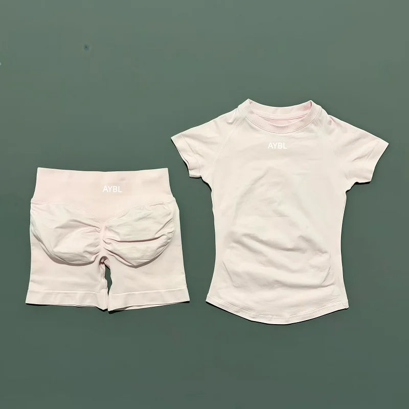 2 Pieces Sports Sets Short Sleeve Sculpt T Shirt Seamless Yoga Top Fitness Set Women
