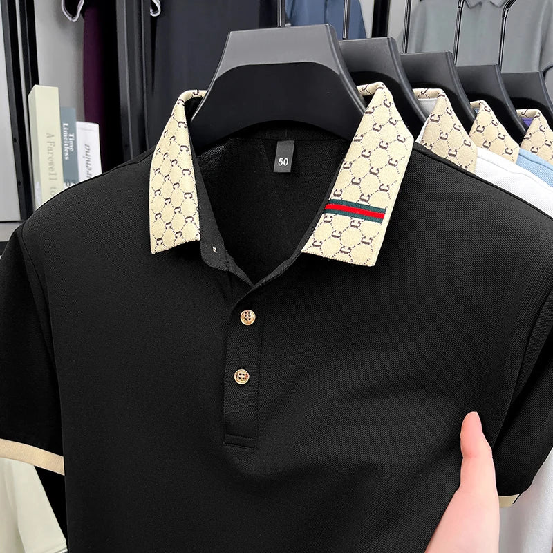 2025 Men's New Luxury High-end Jacquard Collar Lapel T-shirt Breathable Business Casual Top Suitable for Men's Spring and Summer