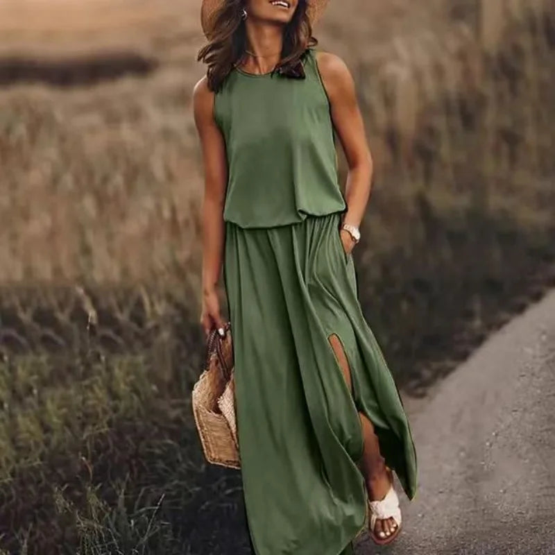 Women's Summer Sleeveless Maxi Dresses 2026 New Arrival Solid Color Casual Long Dress with Side Slit Dress for Ladies ﻿