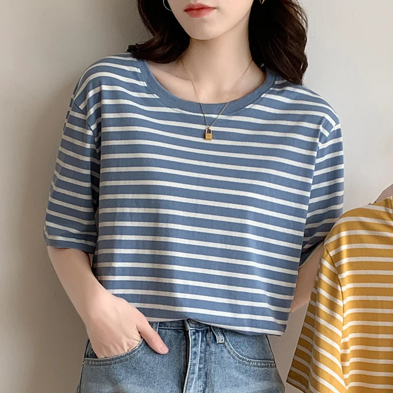 REALEFT Summer Classic Striped Women's T-shirts 2026 New Short Sleeve O-neck Korean Casual Loose Shirts Knitwear Tops Female