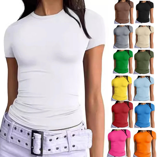 1pcs Women's Sport T-shirt Girl Solid Basic Fitness Running Yoga Tees Lady Short Sleeve Slim Sexy Round Neck Casual Shirts Tops